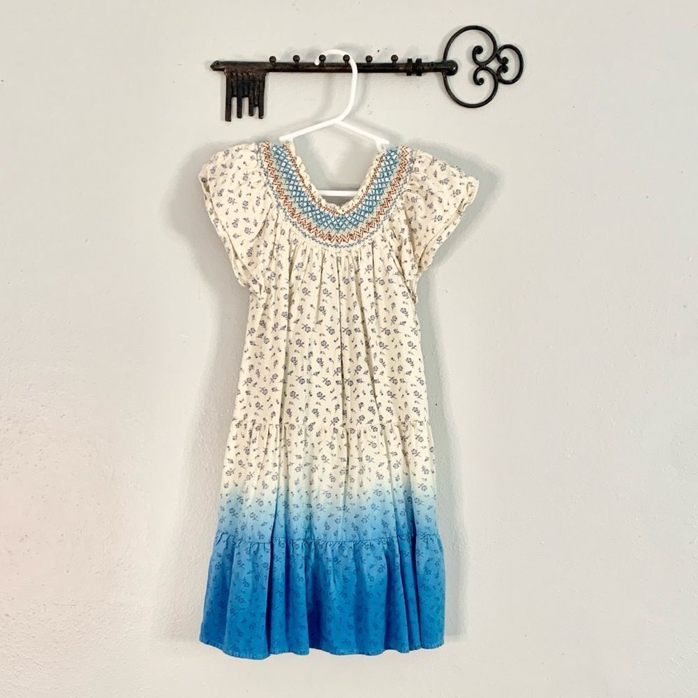 Peek Girls Dress size 4/5 Blue Ombre Smocked Boho Beach Dress Cream Boutique